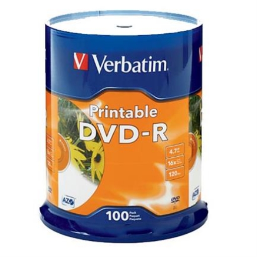 Imagen de DVD-R VERBATIM 4.7GB 16X BLANCO INK PRINTABLE SPINDLE C/100