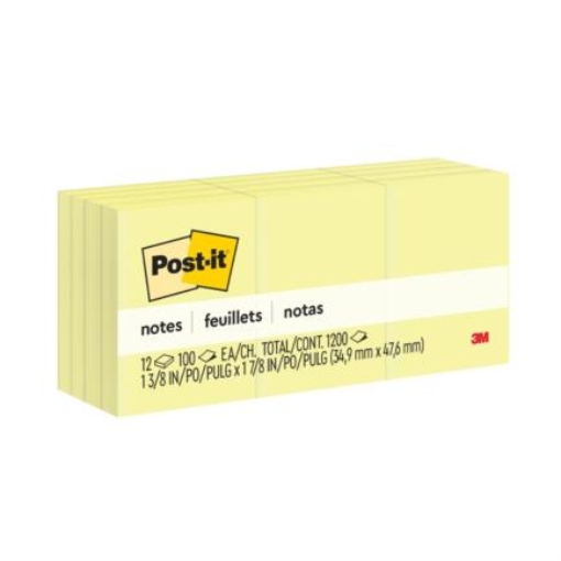 Imagen de Notas 3M Post It 653 1.5x2" Amarillo Paquete 100 Hojas c/12