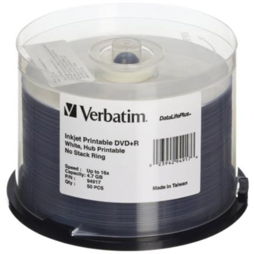 Imagen de DVD+R Verbatim 4.7GB 16X DataLifePlus Blanco Imprimible con Inyección de Tinta Hub Imprimible Torre C/50 Pzas