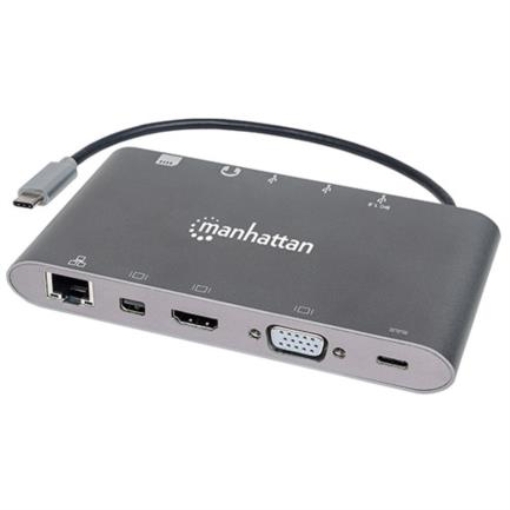 Imagen de Estación Docking Manhattan USB-C a HDMI/DPmini/SVGA/RJ45/3.5mm Super Velocidad Color Gris