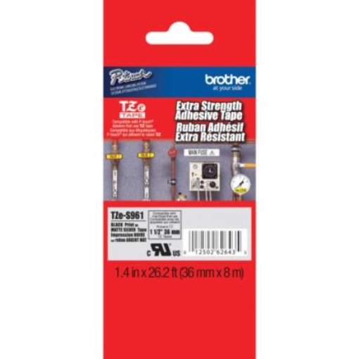 Imagen de Cinta Brother (F1GP) TZES951 Laminada Extra Resistente Texto Negro Sobre Fondo Plateado Mate 36mmx8m