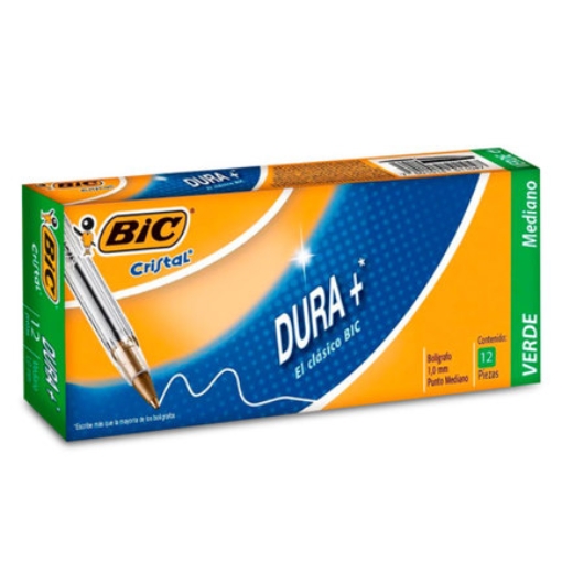Imagen de Bolígrafo BIC Cristal Dura+ Punto Mediano 1.0mm Color Verde C/12 Pzas