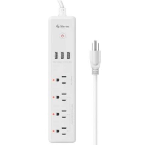 Imagen de Barra Steren Multicontacto Wi-Fi de 4 Salidas Horizontales y Triple Cargador USB Color Blanco