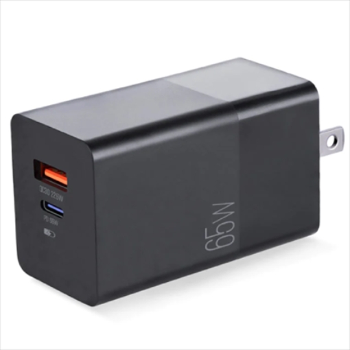 Imagen de Cargador Argomtech Dual PD 65W PD Tipo-C y USB QC3.0 22W Enchufe Plegable Carga Rápida Color Negro