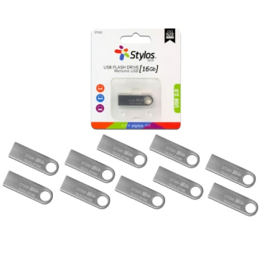 Imagen de Kit 10 Memorias USB Stylos ST100 16GB Conexion Tipo A 2.0 Metalica Plata
