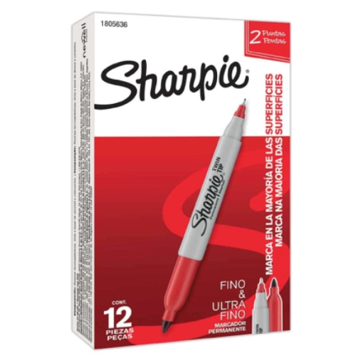 Imagen de MARCADOR PERMANENTE SHARPIE TWIN DOBLE PUNTA FINO / ULTRA FINO ROJO C/12