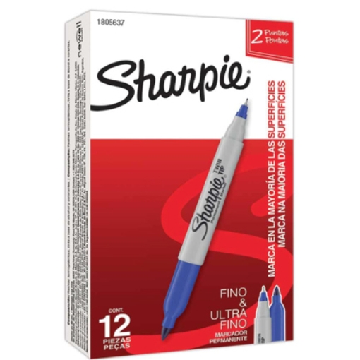 Imagen de MARCADOR PERMANENTE SHARPIE TWIN DOBLE PUNTA FINO / ULTRA FINO AZUL C/12