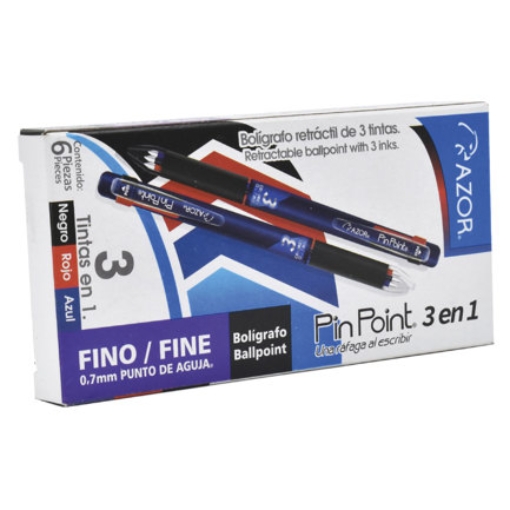 Imagen de Boligrafo Azor Pin Point Retractil 3 en 1 Negro Azul y Rojo Punto Fino 0.7mm Caja C/6