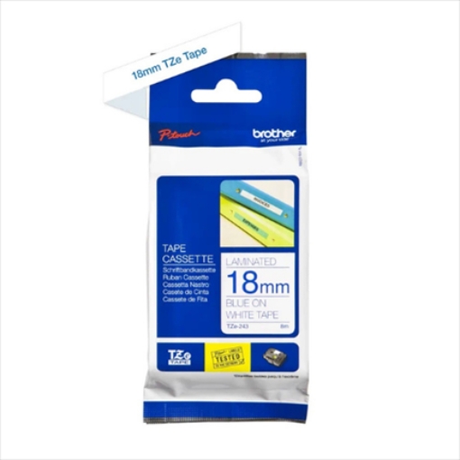Imagen de CINTA BROTHER TZ-243 AZUL/BLANCO 18MM PT300/310B/330/530