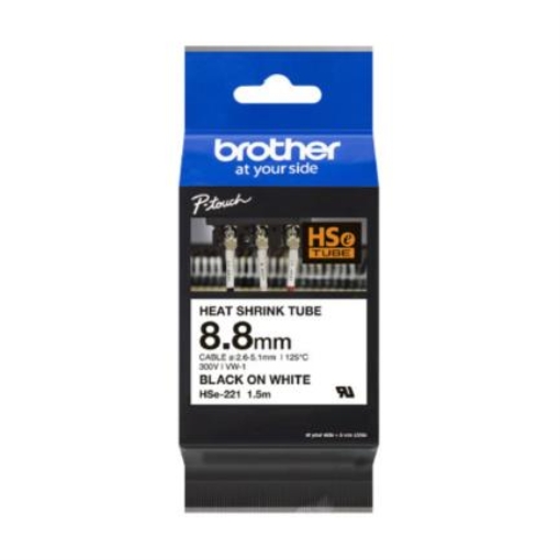 Imagen de Cinta Brother HSE221 Termorretráctil Ancho 8.8mm Texto Negro Sobre Fondo Blanco