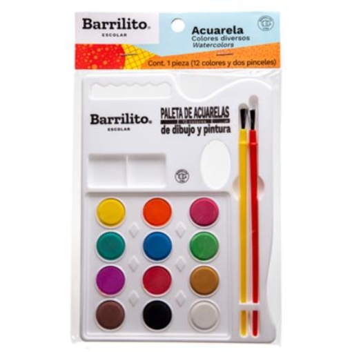 Imagen de Acuarelas Barrilito Paleta 12 Colores C/2 Pinceles