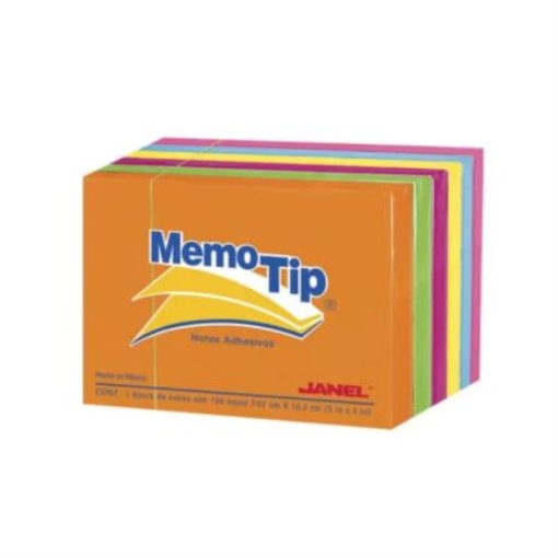 Imagen de Notas Adhesivas Janel Memo Tip Neón 3"x4"(7.62cm x10.16cm) Colores Surtidos Paq 6 Blocks con 100 Hojas c/u.