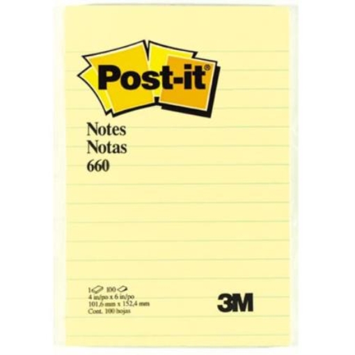 Imagen de Notas 3M Post It 660 4x6 Rayado Color Amarillo 100 Hojas C/24