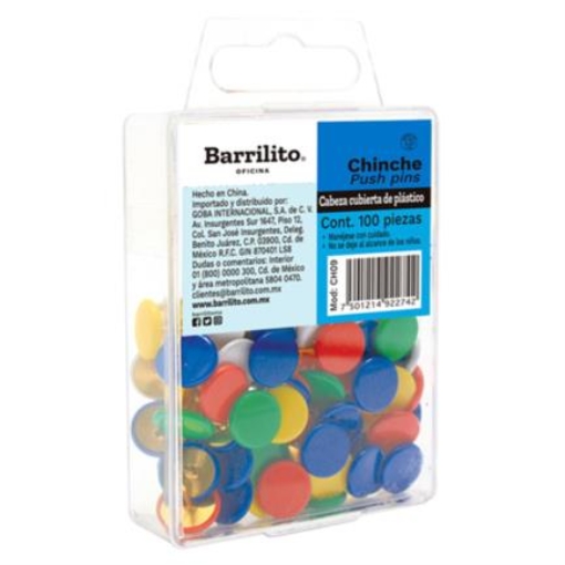 Imagen de Tachuelas Barrilito Cabeza de Plástico Colores Surtidos C/100 Pzas