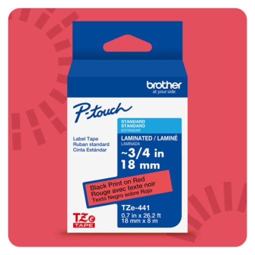 Imagen de Cinta Laminada Brother Estandar Texto negro sobre cinta roja de 18mm x 8m
