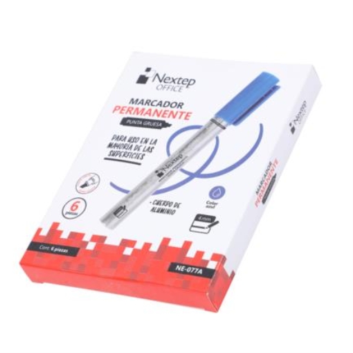Imagen de Marcador Nextep Permanente Cuerpo Aluminio Punta Gruesa Cincel 4mm Azul C/6