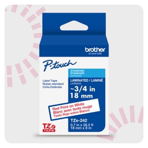 Imagen de Cinta Laminada Brother Estándar Texto Rojo Sobre Cinta Blanca de 18mm x 8m