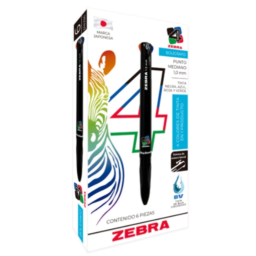 Imagen de Bolígrafo Zebra 4 Color Retráctil Punto Mediano 1.0mm Colores Negro-Azul-Rojo-Verde C/6 Pzas