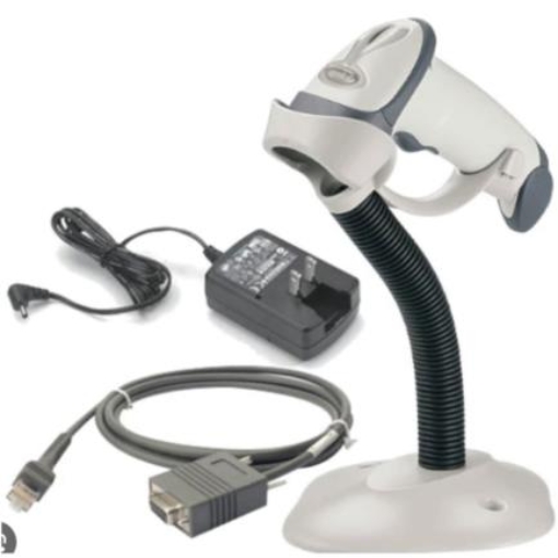 Imagen de Escaner Alambrico Zebra LS2208 1D Laser con Serial RS232 / DB9 (CBA-R01-S07PBR) Fuente de poder (PWR-WUA5V4W0US) Base (20-61019-01R) HC/Blanco