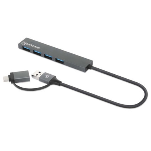 Imagen de Hub Manhattan de 4 puertos USB-A 3.2 Gen 1 con conector adaptable de USB-A a USB-C