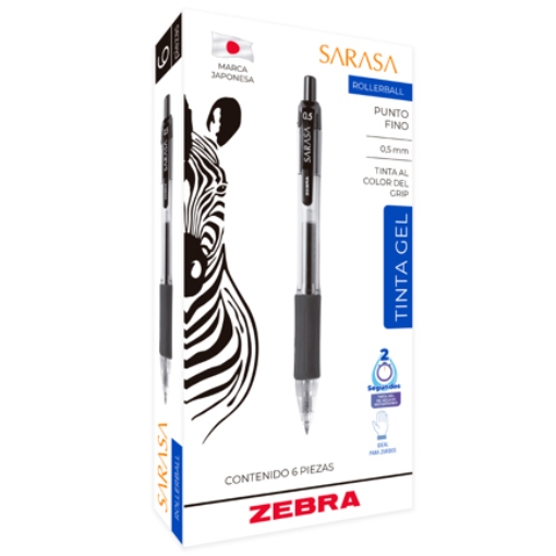 Imagen de Bolígrafo Zebra Sarasa Retráctil Punto Fino 0.5mm Tinta Gel Color Negro C/6 Pzas