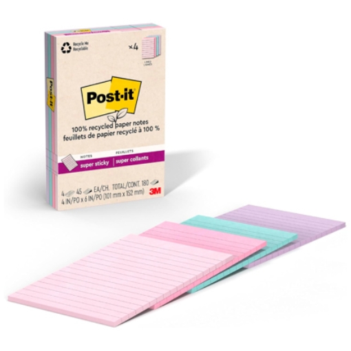 Imagen de Block 3M Post-it Raya Super Sticky Pastel 4x6 pulg (10.16X15.24 cms) block c/45 paq c/4 Blocks