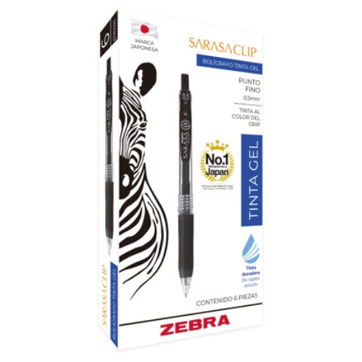Imagen de Boligrafo Zebra Sarasa Clip rollerball retractil punto fino 0.5 tinta gel color negro caja c/6