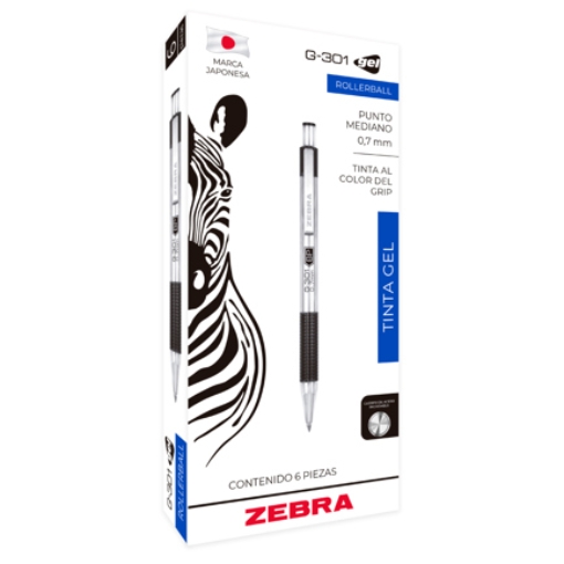 Imagen de Bolígrafo Zebra Rollerball G-301 Punto Mediano 0.7mm Tinta Gel Color Negro C/6 Pzas
