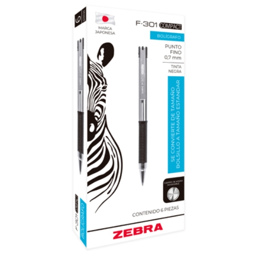 Imagen de Bolígrafo Zebra F-301 Retráctil Metálico Punto Fino 0.7mm Color Negro C/6 Pzas