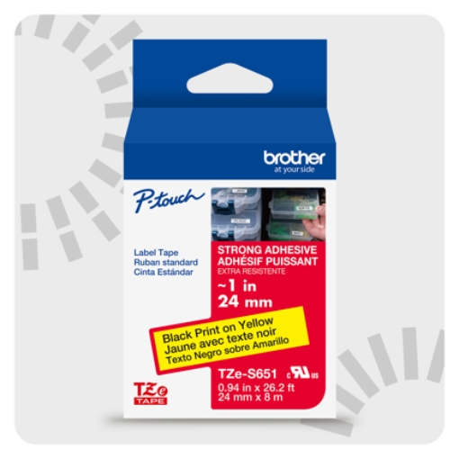 Imagen de Cinta Laminada Brother con Extra Adhesivo Texto Negro sobre Cinta Amarilla de 24mm X 8m TZES651G