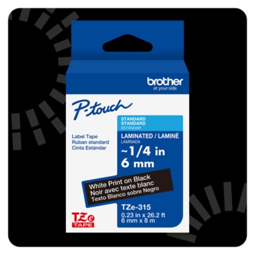 Imagen de Cinta Laminada Brother Estandar Texto blanco sobre cinta negra de 6mm x 8m