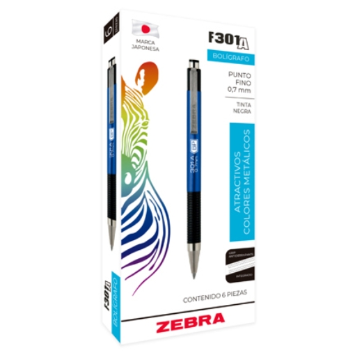Imagen de Bolígrafo Zebra F-301 Retráctil Metálico Punto Fino 0.7mm Color Azul C/6 Pzas